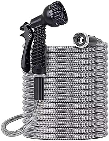 Garden Hose Metal Heavy Duty 304 Stainless Steel Water Hose Extra Long Puncture Proof Hose with 8 Function Nozzle Lightweight, Kink Free & Tangle Free, Rust Proof, Easy to Use & Store for Yard (50 ft)