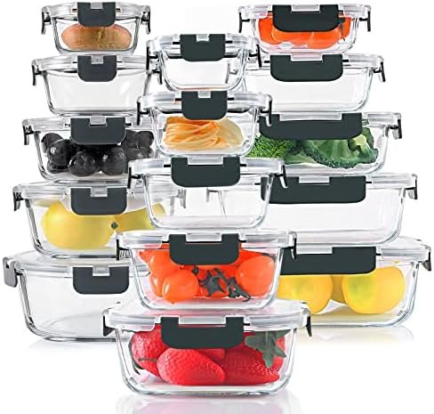 30 Pieces Glass Food Storage Containers Set, Glass Meal Prep Containers Set with Snap Locking Lids, Airtight Glass lunch Containers, BPA-Free, Microwave, Oven, Freezer & Dishwasher Friendly,Gray