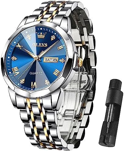 OLEVS Mens Watches Luxury Business Diamond Analog Quartz Watches for Men with Date Two Tone Stainless Steel Waterproof Luminous Dress Wrist Watches