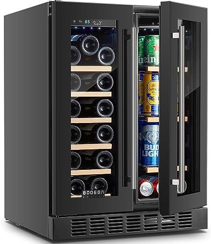 BODEGACOOLER 24 Inch Wine and Beverage Cooler, Dual Zone Wine Refrigerator 2 In 1,Freestanding Wine Beverage Fridge,Under Counter For Wine Cooling With Compressor, Hold 20 Bottles and 57 Cans(Black)