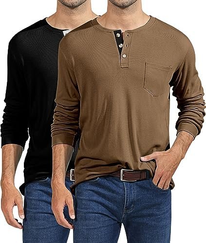 Ficerd 2 Pack Men’s Henley Shirts, Long Sleeve Henley T-Shirts with Pockets Casual Front Placket Basic Henley Tee Tops