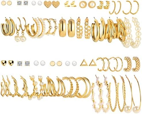 36 Pairs Gold Earrings Set for Women Girls, Fashion Pearl Chain Link Stud Drop Dangle Earrings Multipack Hoop Earring Packs, Hypoallergenic Earrings for Birthday Party Jewelry Gift