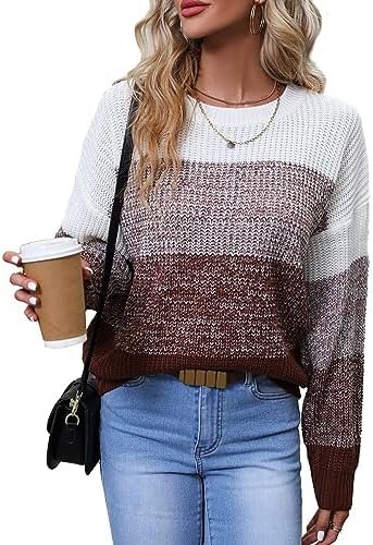 QIANSIQIANBO Women’s Striped Color Block Sweater Long Sleeve Crewneck Casual Loose Fit Soft Knit Sweater Pullover Tops