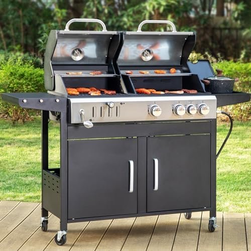 Sophia & William Dual Fuel Propane Gas and Charcoal Grill Combo with Porcelain-Enameled Cast Iron Grates, 3 Burner 37,000BTU BBQ Grill Outdoor Cooking Barbecue Grill, 685 SQ.IN. Cooking Area(Black)