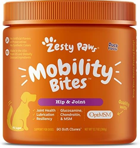 Zesty Paws Mobility Bites Dog Joint Supplement – Hip and Joint Chews – Pet Products with Glucosamine, Chondroitin, & MSM + Vitamins C and E for Dog Joint Relief – Duck – 90 Count