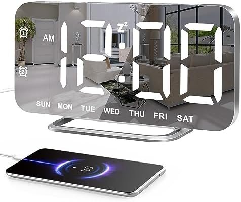 Super Slim LED Digital Alarm Clock, Mirror Surface for Makeup, with Diming Mode, 4 Levels Brightness, Large Display, Easy Setting, Dual USB Ports, Modern Decoration for Home, Bedroom Decor, Silver