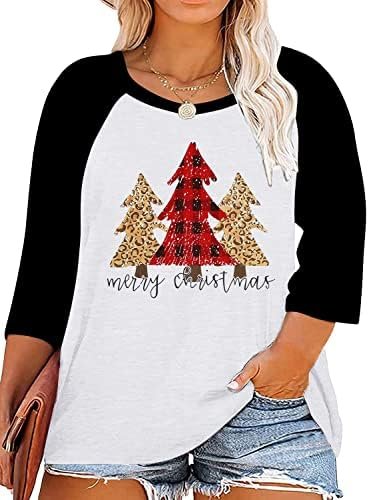 Plus Size Christmas T Shirt Women Xmas Plaid Truck Tree Shirt 3/4 Sleeve Raglan Tops Casual Color Block Blouse