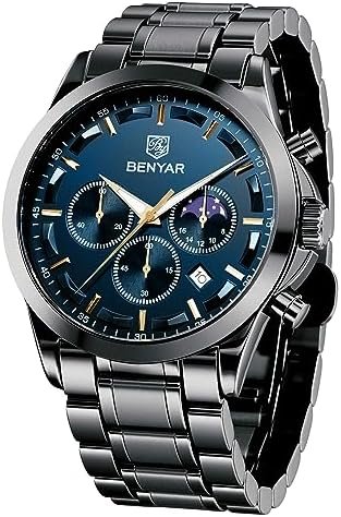 BY BENYAR Men’s Watches Waterproof Sport Military Watch for Men Multifunction Chronograph Black Fashion Quartz Wristwatches Calendar with Leather Strap/Stainless Steel