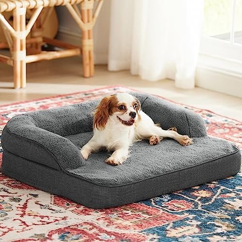 Lesure Memory Foam Dog Bed for Medium Dogs, Medium Orthopedic Dog Bed Sofa with High Support Reversible Egg Foam – Pet Couch with Removable Washable Cover and Waterproof Coating, Grey