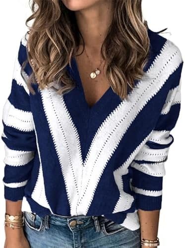 PRETTYGARDEN Women’s Fashion Long Sleeve Striped Color Block Knitted Sweater Crew Neck Loose Pullover Jumper Tops