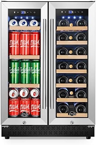 Tylza Upgraded Wine and Beverage Refrigerator 24 Inch, Dual Zone Wine Beverage Cooler with French Door, Under Counter Wine Beer Fridge Built-In or Freestanding, Holds 20 Bottles and 88 Cans TYBC120-3