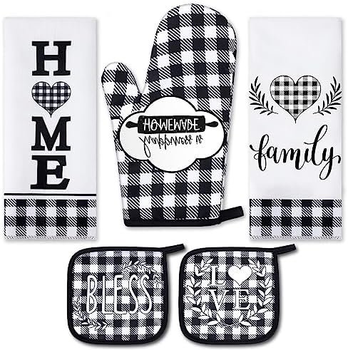 5 Pieces Buffalo Plaid Kitchen Towels Oven Mitts and Pot Holder Set Black and White Kitchen Towels Oven Gloves and Hot Pads Pot Holders for Farm House Kitchen Accessories and Decor (Heart)
