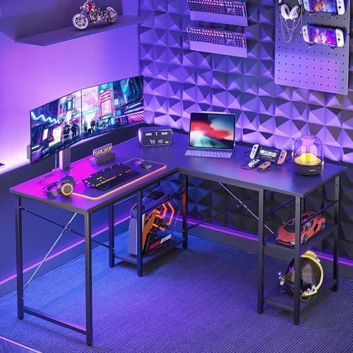 Bestier L Shaped Gaming Desk, 47” Reversible Corner Computer Desk, PC Gamer Desk with Adjustable Shelves for Home Office, 2 Person Long Gaming Table for Bedroom, Carbon Fiber Surface, Black