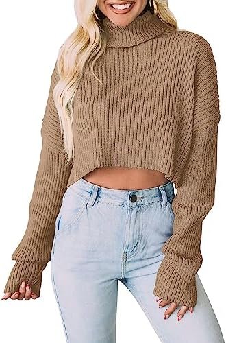 PRETTYGARDEN Women’s 2023 Fall Winter Turtleneck Cropped Sweater Causal Ribbed Knit Long Sleeve Pullover Jumper Tops