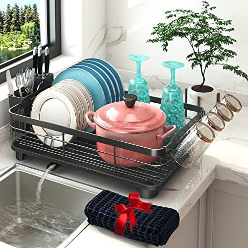 Godboat Dish Drying Rack, Valentines Day Decor, Dish Rack with Drainboard, Dish Racks for Kitchen Counter with Knife and Fork Holder, 360° Swivel Spout, Valentines Day Gifts, Cool Kitchen Gadgets