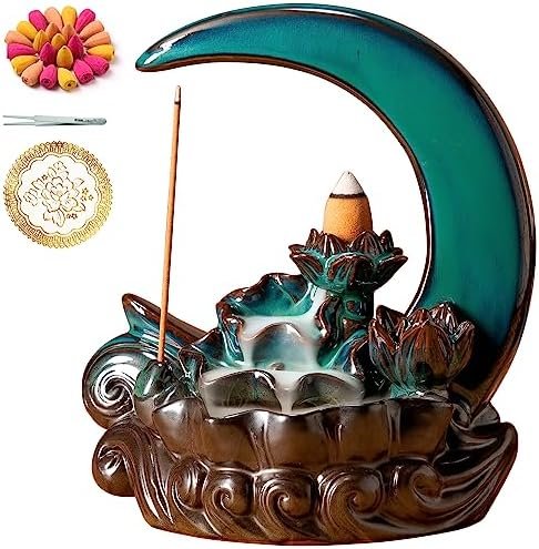 GARMOLY Moon Incense Burner with 60 Incense Cones + 30 Incense Stick, Ceramic Waterfall Incense Burner, Backflow Incense Holder for Aromatherapy Ornament Home Decor (Cyan)