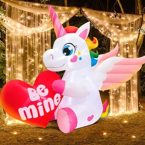 KOOY 4.6FT Long Inflatable Valentines Day Decorations, Blow Up Unicorn Valentines Outdoor Inflatables Decoration with LED Light for Dating, Wedding, Party, Anniversary, Home Lawn Yard Valentines Decor