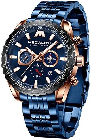 MEGALITH Mens Watches Stainless Steel Waterproof Analog Quartz Fashion Business Casual Chronograph Watch for Men, Auto Date