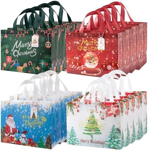 YANGTE 16 pcs Large Christmas Gift Bags with 50 pcs Christmas Tags Christmas Bags with Handle Reusable Non-Woven Tote Bags for Holiday Xmas Open Size 12.8 * 6.7 * 9.8in
