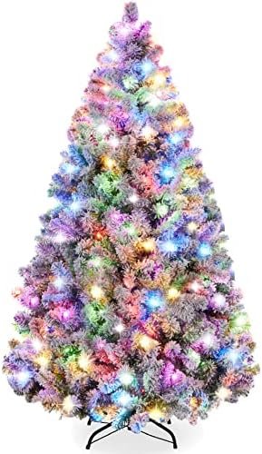 Best Choice Products 6ft Pre-Lit Christmas Tree Artificial Snow Flocked Pine Tree for Home, Office, Party Decoration w/ 250 Warm-White & Multicolored Lights, 9 Light Sequences, Metal Base & Hinges