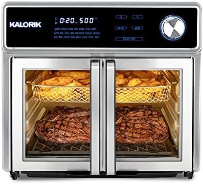 Kalorik MAXX Air Fryer Oven Grill Deluxe 26 Quart Digital Smokeless Indoor Grill & Air Fryer Oven Combo – Always-Clean Interior, 12 Accessories, BBQ, Rotisserie| 1700W | Black & Stainless Steel