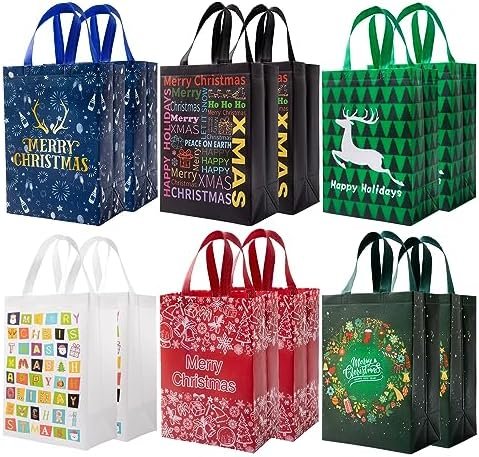 YANGTE Christmas Gift Bags 12 packs Medium Christmas Bags With Handle Reusable Non-Woven Tote Bags Holiday Gift Bags for Xmas Open Size 9.84 * 5.91 * 13.78in (L*W*H)