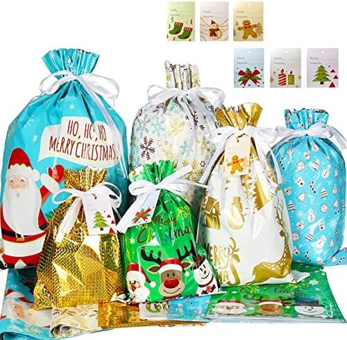 HRX Package Holiday Drawstring Gift Bags with Tags, 30pcs Christmas Foil Gift Wrapping Sacks Pouches for Xmas Presents Party Favor