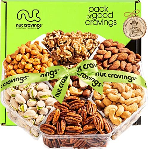 Nut Cravings Gourmet Collection – Holiday Christmas Mixed Nuts Gift Basket + Green Ribbon (7 Assortments, 1 LB) Xmas Arrangement Platter, Birthday Care Package – Healthy Kosher USA Made