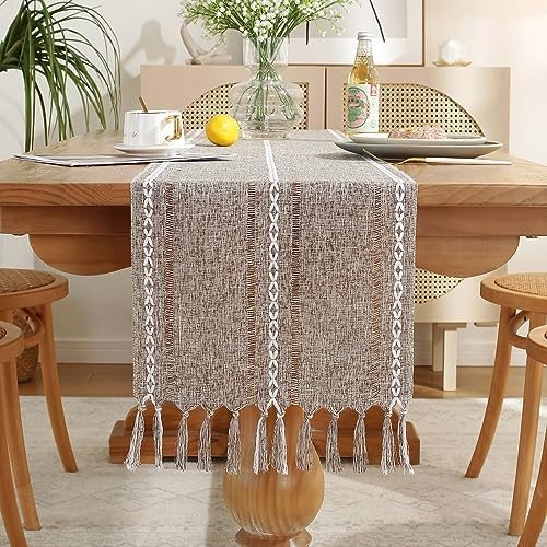 Laolitou Rustic Table Runner with Tassels, Cotton Linen Table Decoration for Holiday Party, Farmhouse Table Runners, Wedding and Dining Decorations, 36 Inches, Light Coffee