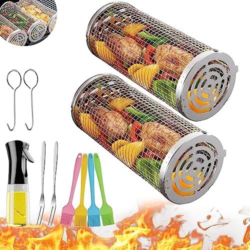 Wrakus Rolling Grilling Baskets for Outdoor – Grill Grate Charcoal Round BBQ Stainless Steel Basket Campfire Grid Camping Picnic Cookware