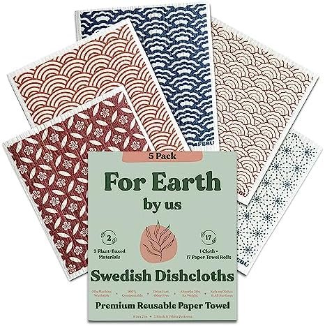FEBU Swedish Dishcloths for Kitchen | 5 Pack Eastern Swedish Dish Towels | Reusable Paper Towels Washable | Non-Scratch Cellulose Sponge Cloths | No Odor, Biodegradable, Swedish Cloths