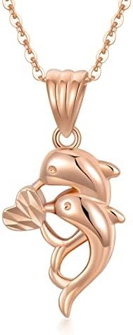SISGEM 18k Rose Gold Dolphin Pendant Necklace for Women, Real Gold Love Animal Jewelry Gifts, 16-17 Inch
