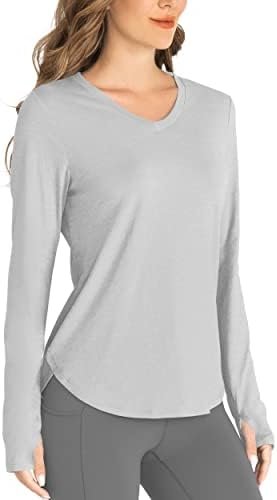 Hiverlay Long Sleeve Workout Shirts for Women V Neck UPF 50+ Athletic Shirts with Thumbhole Running Loose Active T-Shirts