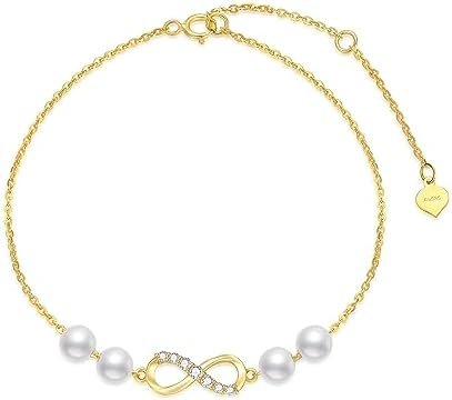 SISGEM 14k Gold Freshwater Cultured Pearl Infinity Bracelet for Women, Real Gold Created Moissanite Love Jewelry Gifts for Her, 6.8″-8.4″