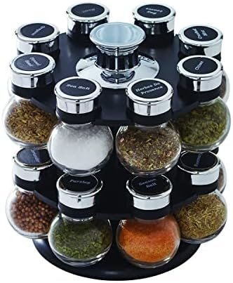 Kamenstein 16 Jar Ellington Revolving Countertop Spice Rack with Lift & Pour Caps and Spices Included, FREE Spice Refills for 5 Years: Black and Chrome