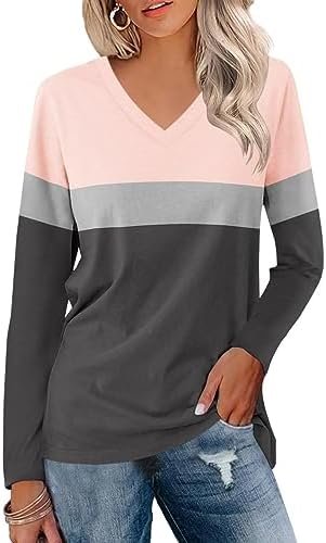 Minetom Women’s V Neck Long Sleeve T Shirts Casual Color Block/Solid Tunic Tops Basic Tees