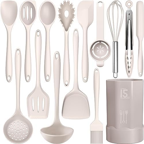 Silicone Cooking Utensils Set – 446°F Heat Resistant Kitchen Utensils,Turner Tongs,Spatula,Spoon,Brush,Whisk,Kitchen Utensil Gadgets Tools Set for Nonstick Cookware,Dishwasher Safe (BPA Free)