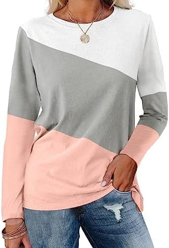 Minetom Women’s Color Block Tops Casual Long Sleeve Tunic Round Neck Pullover Shirts