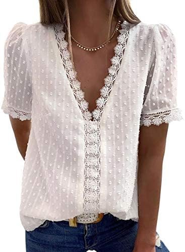 Dokotoo Women’s V Neck Lace Crochet Tunic Tops Flowy Casual Blouses Shirts