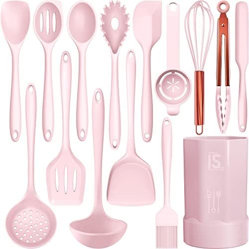 Silicone Cooking Utensils Set – 446°F Heat Resistant Kitchen Utensils,Turner Tongs,Spatula,Spoon,Brush,Whisk,Kitchen Utensil Gadgets Tools Set for Nonstick Cookware,Dishwasher Safe Pink (BPA Free)