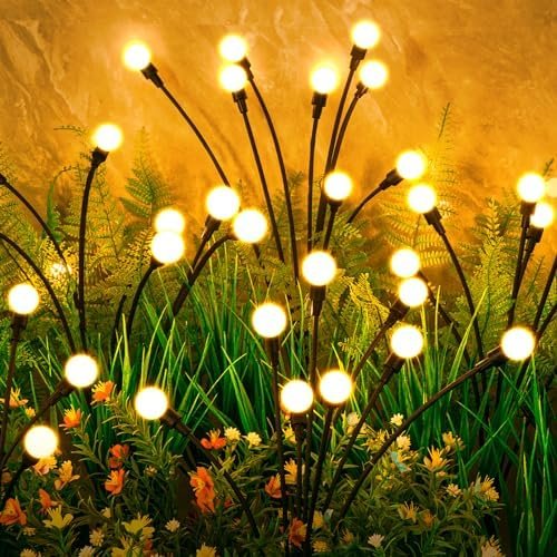 ASMAD Solar Garden Lights, 4 Pack Outdoor Firefly Lights for Patio Pathway Decor, Big Bulb Base Swaying Light, Warm White