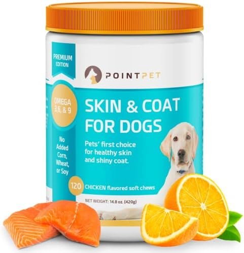 POINTPET Omega-3, 6 and 9 – Skin & Coat Support Soft Bites – EPA, DHA, Fish Oil Treat Supplement for Small & Large Dogs – Maintains Health of Skin and Coat – 120 Chicken Flavor Soft Chews