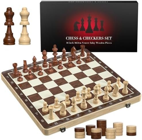 Magnetic Chess Set with Checkers – Meuzhen 16″ Wooden Chess Board Game Travel Chess for Adults & Kids, Gift for Men Women, Chess Gift Toys for Boys Girls 4-8-12
