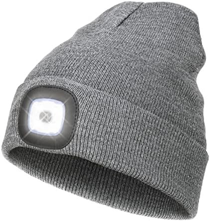 LED Beanie with Light,Unisex USB Rechargeable Hands Free 4 LED Headlamp Cap Winter Knitted Night Lighted Hat Flashlight Women Men Gifts for Dad Him Husband (Grey)
