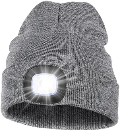 MELASA Unisex LED Beanie with Light, USB Rechargeable Hands Free LED Headlamp Hat, Knitted Night Light Beanie Cap Flashlight Hat, Men Gifts for Dad Father Husband (Grey)