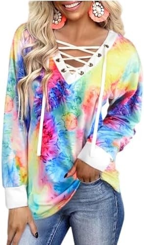 Fairy Season Tie Dye Shirt Women Long Sleeve Tunic Tops Casual V Neck Lace Up Pullover Blouse Loose Fit Fashion Clothing