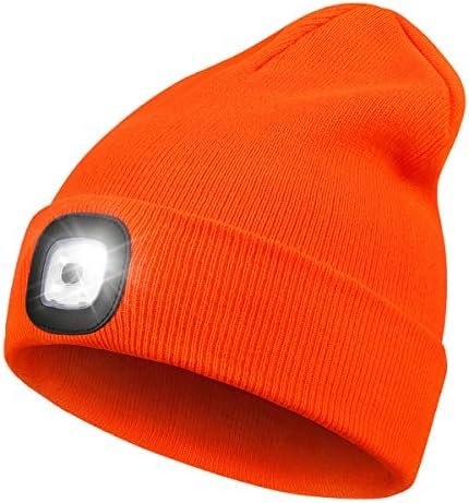 LED Beanie with Light,Unisex USB Rechargeable Hands Free 4 LED Headlamp Cap Winter Knitted Night Lighted Hat Flashlight Women Men Gifts for Dad Him Husband Orange