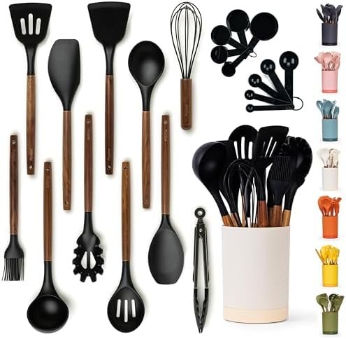 SMIRLY Silicone Kitchen Utensils Set & Holder: Silicone Cooking Utensils Set – Kitchen Essentials for New Home & 1st Apartment Kitchen Set – Silicone Spatula Set, Cooking Spoons for Nonstick Cookware
