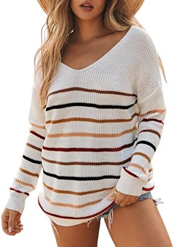 Dokotoo Womens 2023 Cute Summer Fall Color Block Striped Lightweight Comfy Cable Knit Beach Pullover Sweaters