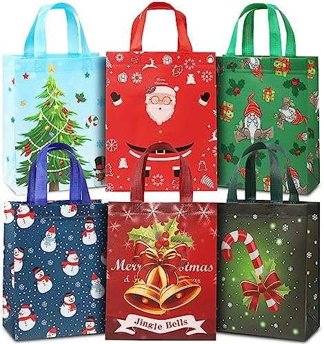 YANGTE 24 Pack Small Christmas Gift Bags, Bulk Holiday Gift Bags Medium Size Perfect as Christmas Bags, Goody Bags, Reusable Tote Bags for Kids Xmas Classrooms and Party Favors,10.2″*3.9″*8.2